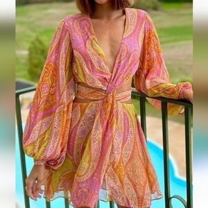 Zara Bohemian Long Sleeve Open Side Paisley Mini Dress